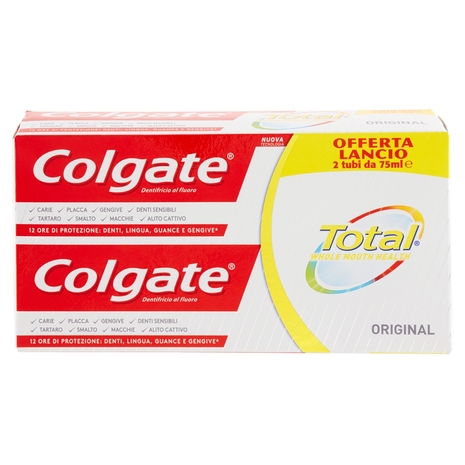 Colgate dentifricio Total Original, protegge dai batteri lingua, guance e gengive bitubo 2x75ml